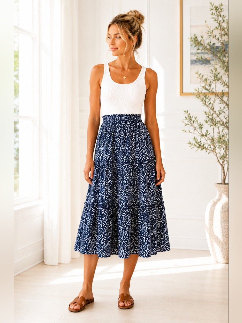 Navy Tiered Midi Skirt | Blue Ivory Print Boho Cottagecore Elastic Waist | XL - Picture 1 of 7